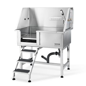 VEVOR 38" Pet Dog Bathing Station w/Ramp, Professional Stainless Steel Dog Grooming Tub w/ Storage Drawer, Floor Grate, Faucet, Dog Bathtub for L
